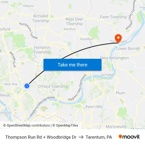 Thompson Run Rd + Woodbridge Dr to Tarentum, PA map
