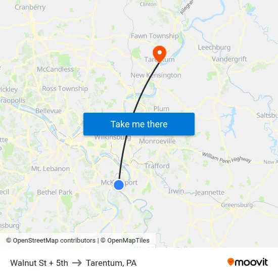 Walnut St + 5th to Tarentum, PA map