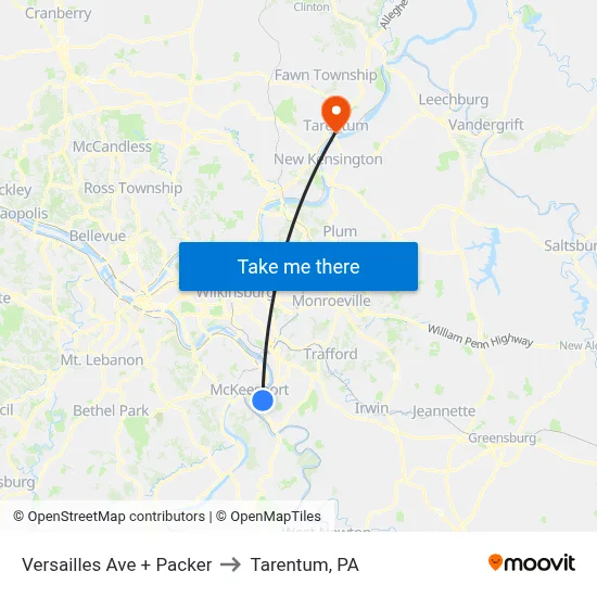 Versailles Ave + Packer to Tarentum, PA map