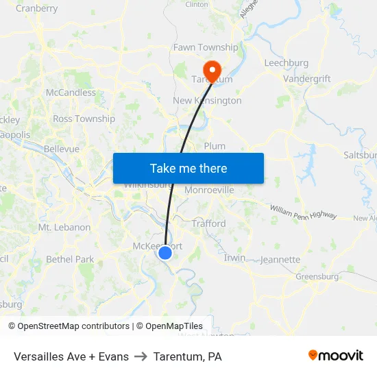 Versailles Ave + Evans to Tarentum, PA map