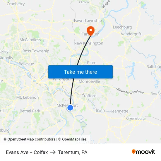 Evans Ave + Colfax to Tarentum, PA map