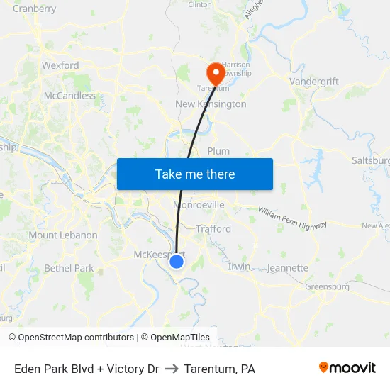 Eden Park Blvd + Victory Dr to Tarentum, PA map