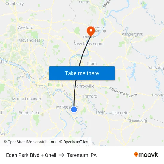Eden Park Blvd + Oneil to Tarentum, PA map