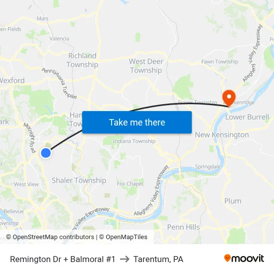 Remington Dr + Balmoral #1 to Tarentum, PA map