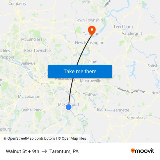 Walnut St + 9th to Tarentum, PA map