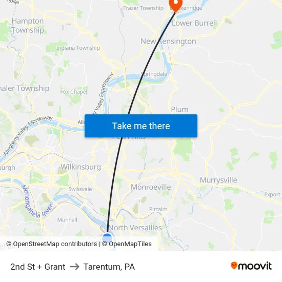 2nd St + Grant to Tarentum, PA map