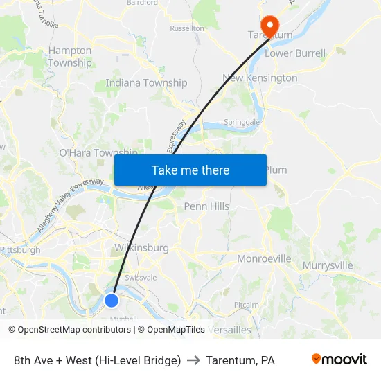 8th Ave + West (Hi-Level Bridge) to Tarentum, PA map