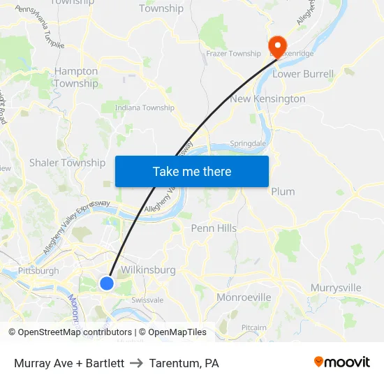 Murray Ave + Bartlett to Tarentum, PA map