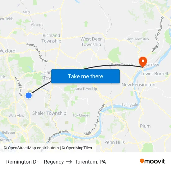 Remington Dr + Regency to Tarentum, PA map
