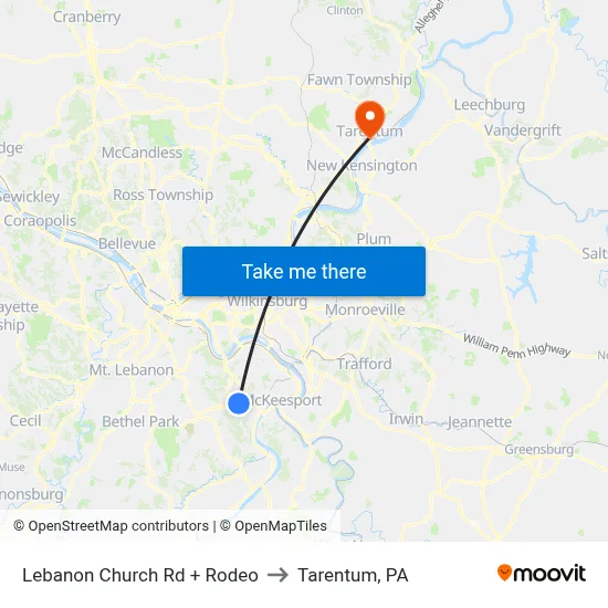 Lebanon Church Rd + Rodeo to Tarentum, PA map