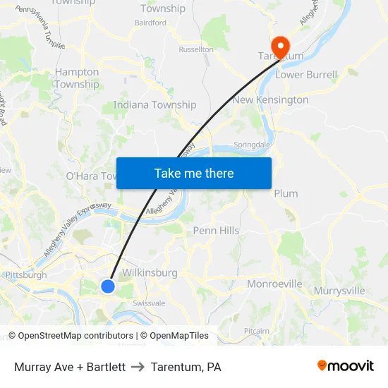 Murray Ave + Bartlett to Tarentum, PA map