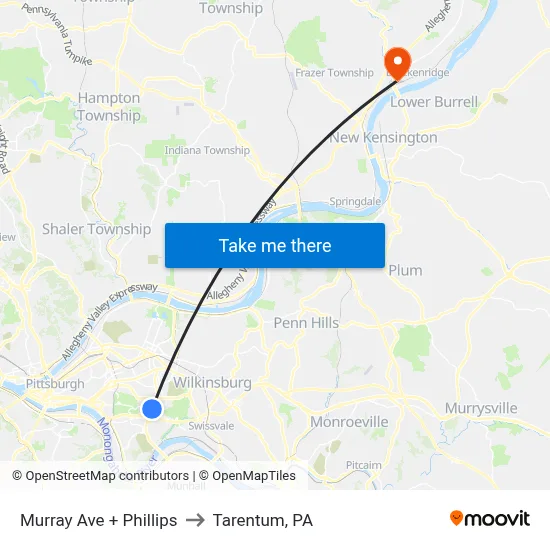 Murray Ave + Phillips to Tarentum, PA map