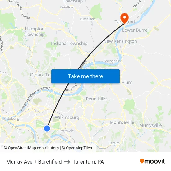 Murray Ave + Burchfield to Tarentum, PA map