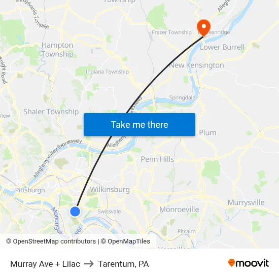 Murray Ave + Lilac to Tarentum, PA map