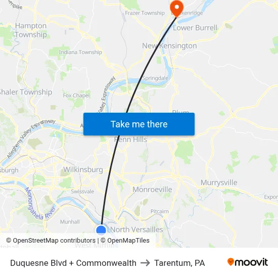 Duquesne Blvd + Commonwealth to Tarentum, PA map