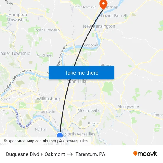 Duquesne Blvd + Oakmont to Tarentum, PA map