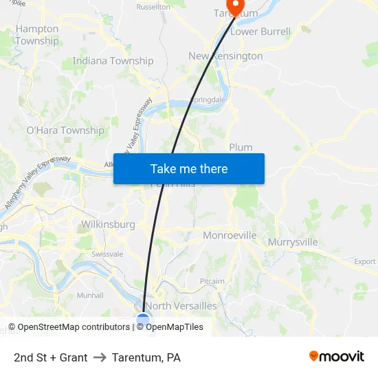 2nd St + Grant to Tarentum, PA map