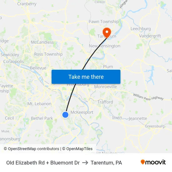 Old Elizabeth Rd + Bluemont Dr to Tarentum, PA map