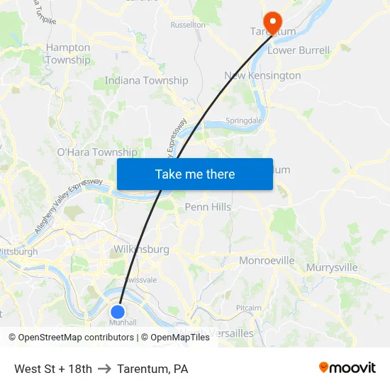 West St + 18th to Tarentum, PA map