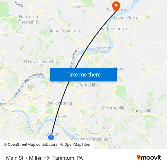 Main St + Miller to Tarentum, PA map