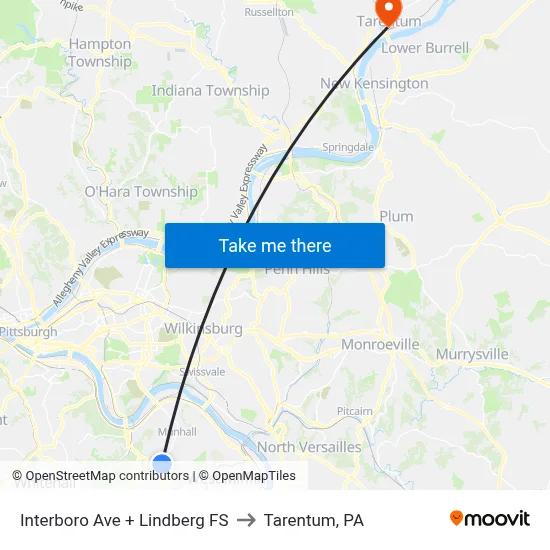 Interboro Ave + Lindberg FS to Tarentum, PA map