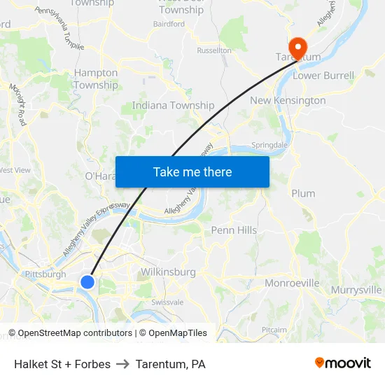 Halket St + Forbes to Tarentum, PA map
