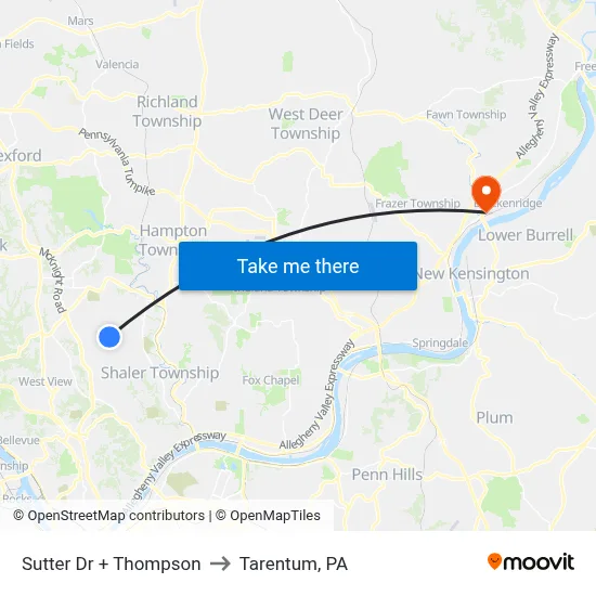 Sutter Dr + Thompson to Tarentum, PA map