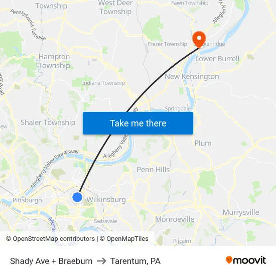 Shady Ave + Braeburn to Tarentum, PA map