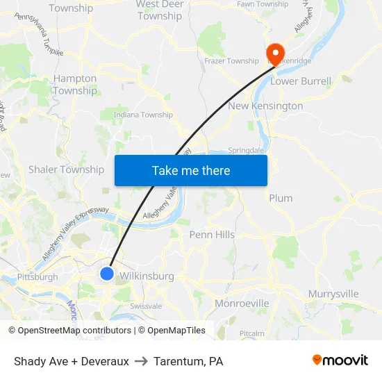 Shady Ave + Deveraux to Tarentum, PA map