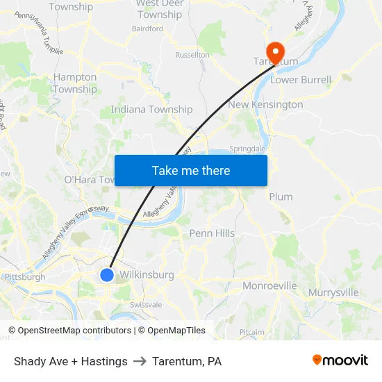 Shady Ave + Hastings to Tarentum, PA map