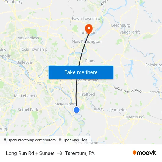 Long Run Rd + Sunset to Tarentum, PA map