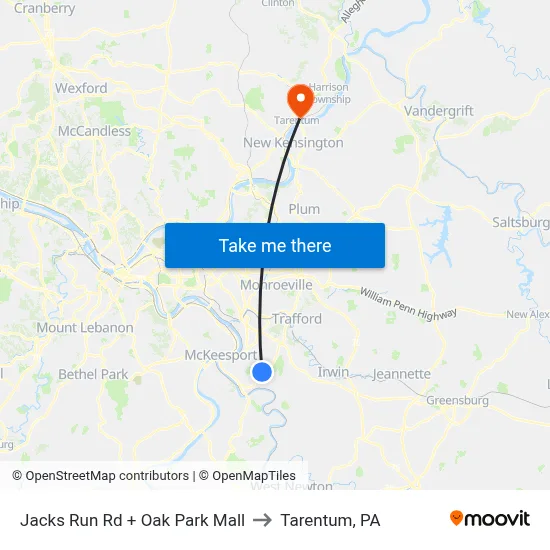 Jacks Run Rd + Oak Park Mall to Tarentum, PA map
