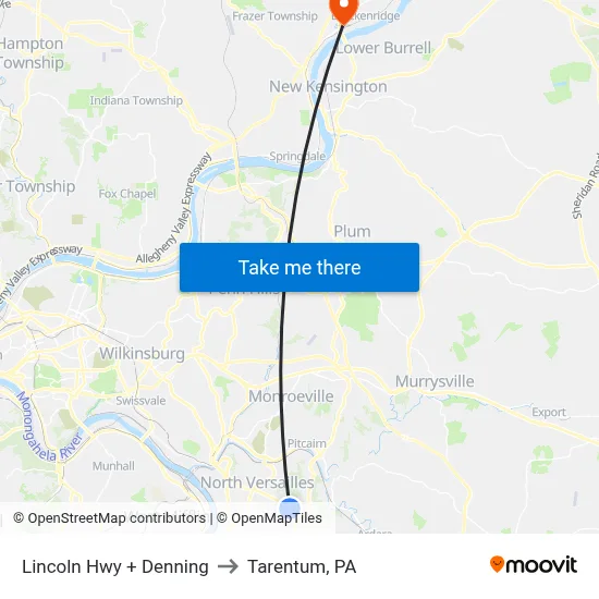 Lincoln Hwy + Denning to Tarentum, PA map