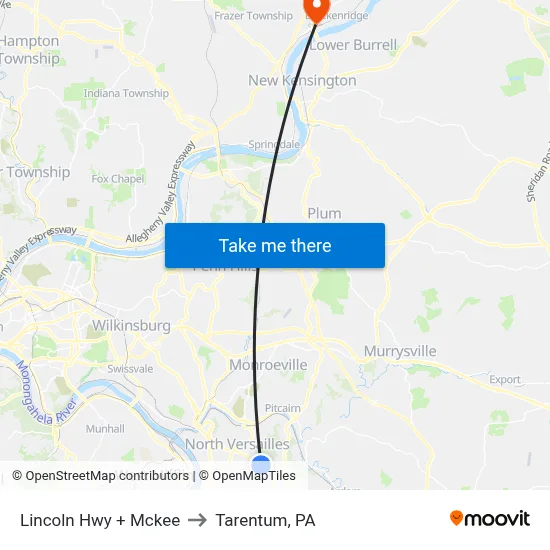 Lincoln Hwy + Mckee to Tarentum, PA map