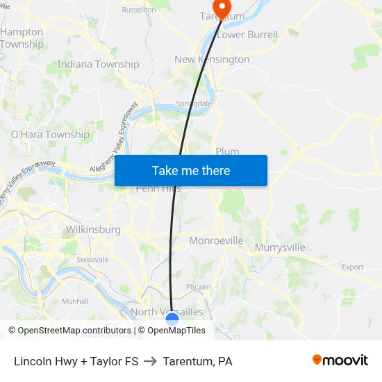 Lincoln Hwy + Taylor FS to Tarentum, PA map