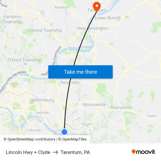 Lincoln Hwy + Clyde to Tarentum, PA map