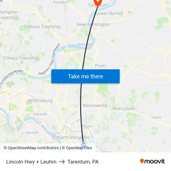 Lincoln Hwy + Leuhm to Tarentum, PA map