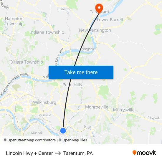 Lincoln Hwy + Center to Tarentum, PA map