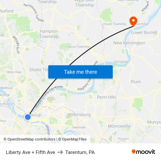Liberty Ave + Fifth Ave to Tarentum, PA map