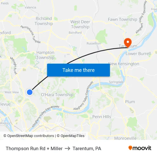 Thompson Run Rd + Miller to Tarentum, PA map