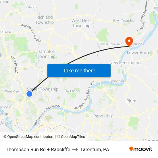 Thompson Run Rd + Radcliffe to Tarentum, PA map