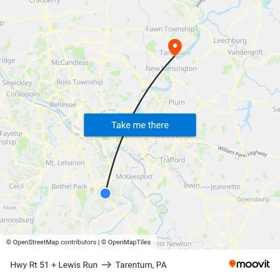 Hwy Rt 51 + Lewis Run to Tarentum, PA map
