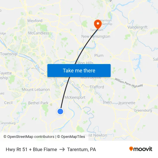 Hwy Rt 51 + Blue Flame to Tarentum, PA map