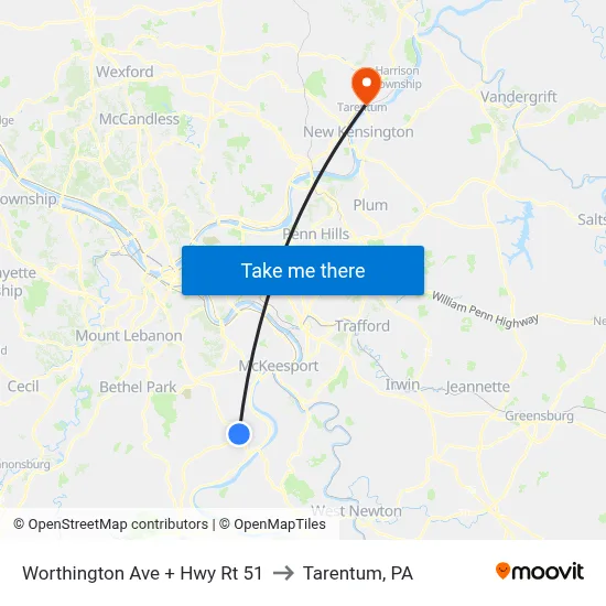 Worthington Ave + Hwy Rt 51 to Tarentum, PA map