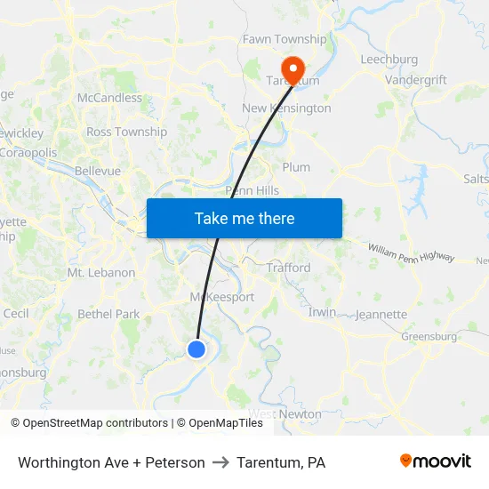Worthington Ave + Peterson to Tarentum, PA map