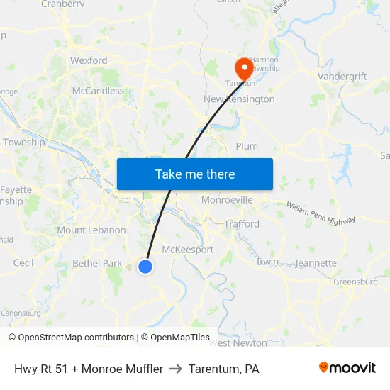 Hwy Rt 51 + Monroe Muffler to Tarentum, PA map