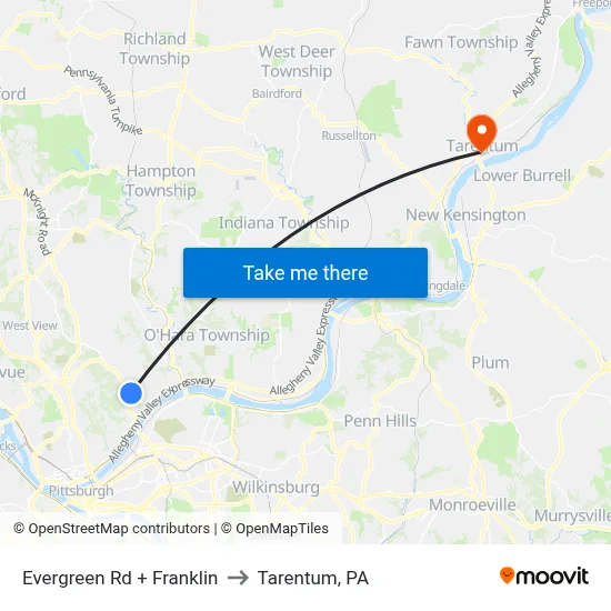 Evergreen Rd + Franklin to Tarentum, PA map