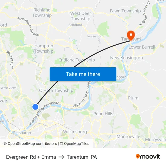 Evergreen Rd + Emma to Tarentum, PA map