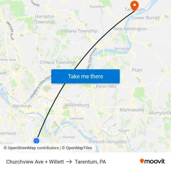 Churchview Ave + Willett to Tarentum, PA map