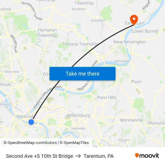 Second Ave +S 10th St Bridge to Tarentum, PA map